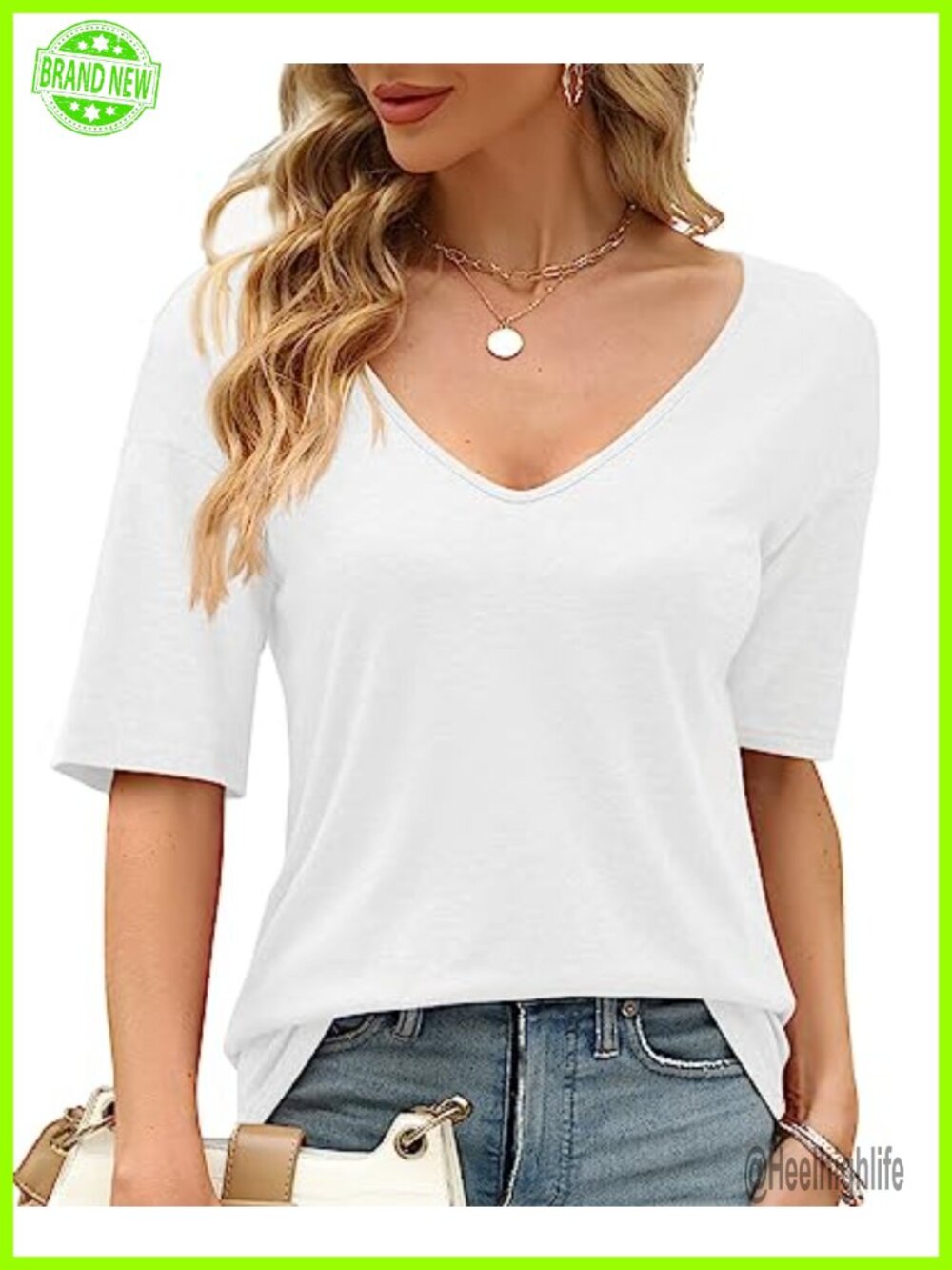 Women's V-Neck Half Sleeve Loose Fit T-Shirt Solid Basic Casual Top